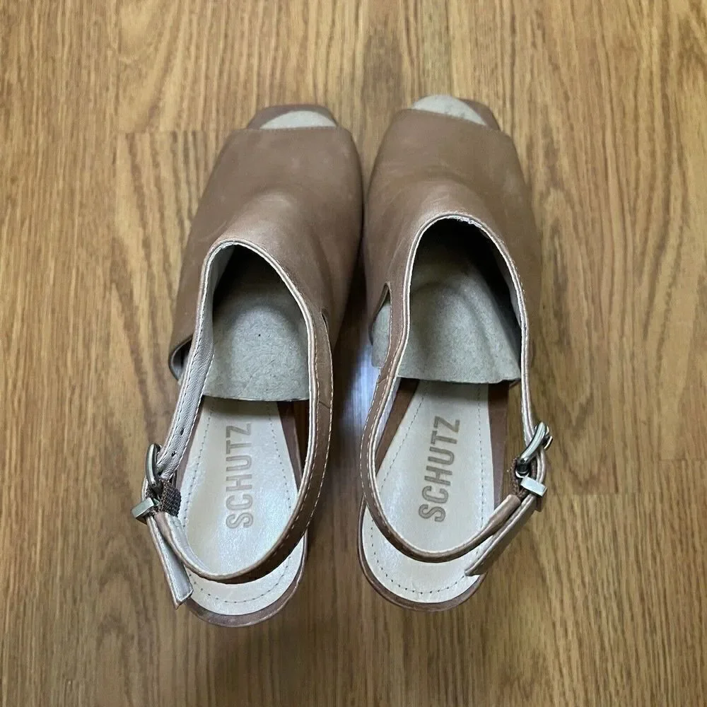 SCHUTZ Brown Soft Leather Peep toe slingback platform heels size US 9